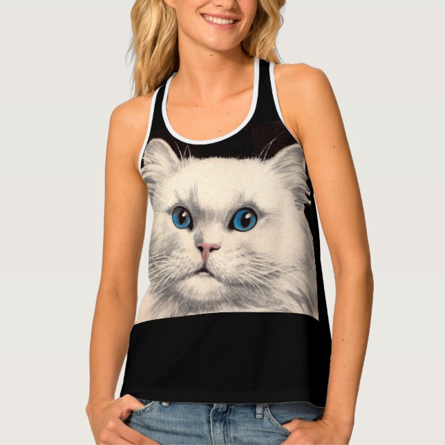 white cat with blue eyes print tank top (Front)