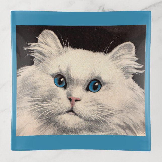 white cat with blue eyes trinket tray (Front)