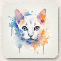 White Cat with Blue Eyes - Watercolor Beverage Coaster