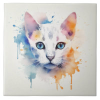 White Cat with Blue Eyes - Watercolor Ceramic Tile