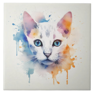 White Cat with Blue Eyes - Watercolor Ceramic Tile