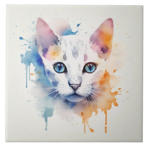 White Cat with Blue Eyes _ Watercolor Ceramic Tile