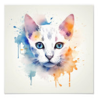 White Cat with Blue Eyes - Watercolor Photo Print