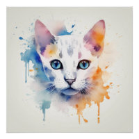 White Cat with Blue Eyes - Watercolor Poster