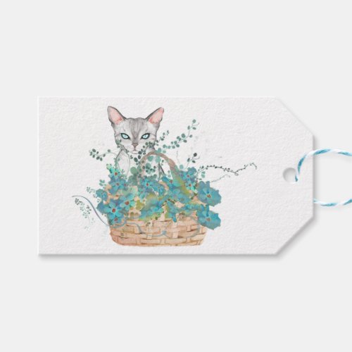 White Cat with Blue Flower Basket Easter Gift Tag 