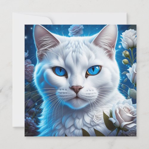 White Cat with Bright Blue Eyes Floral 