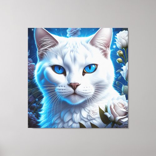 White Cat with Bright Blue Eyes Floral  Canvas Print