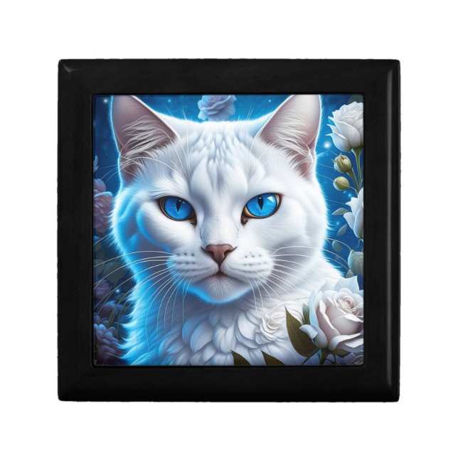 White Cat with Bright Blue Eyes Floral Gift Box (Front)