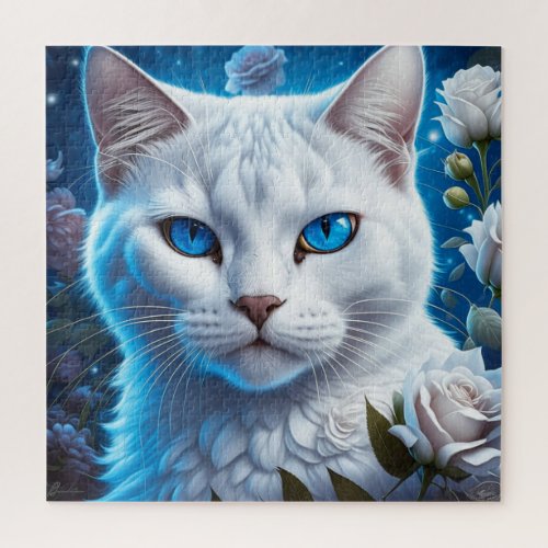 White Cat with Bright Blue Eyes Floral  Jigsaw Puzzle