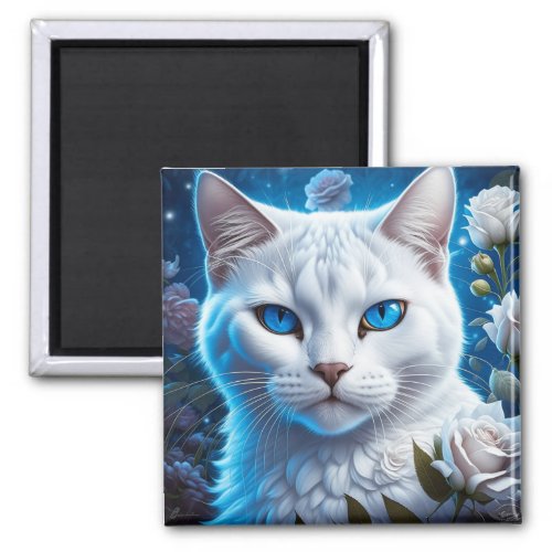 White Cat with Bright Blue Eyes Floral Magnet