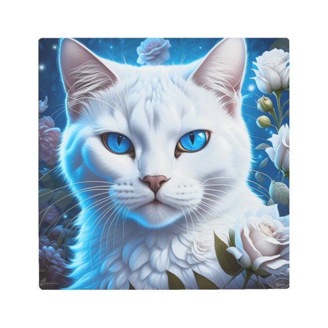 White Cat with Bright Blue Eyes Floral  Metal Print (Front)