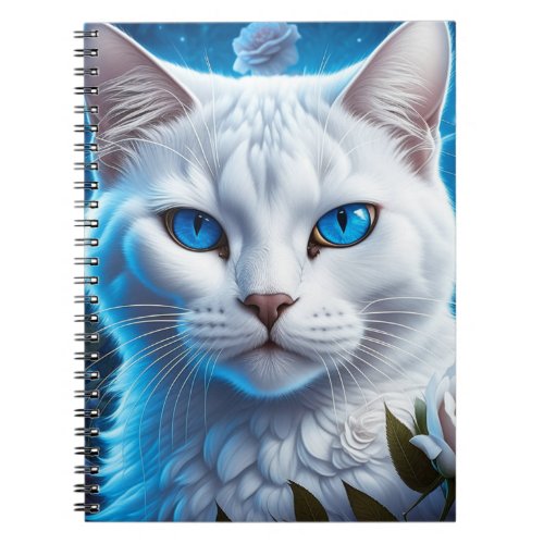 White Cat with Bright Blue Eyes Floral  Notebook