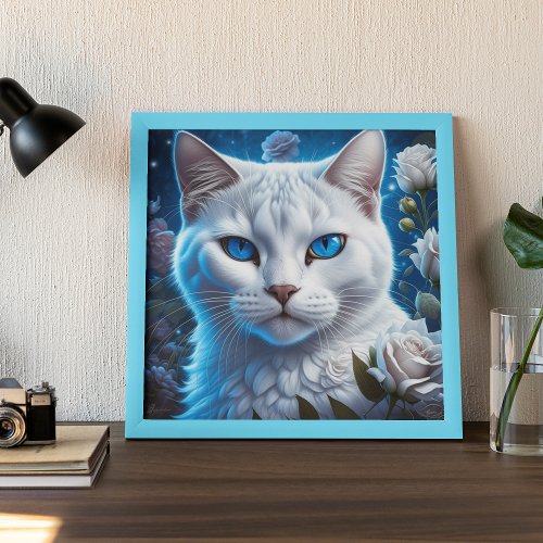 White Cat with Bright Blue Eyes Floral  Poster