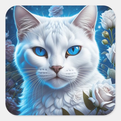 White Cat with Bright Blue Eyes Floral  Square Sticker