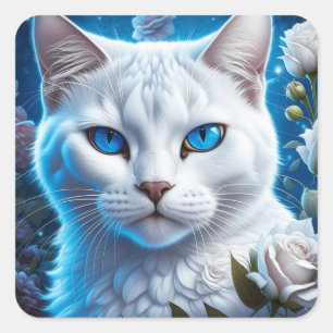 White Cat with Bright Blue Eyes Floral  Square Sticker