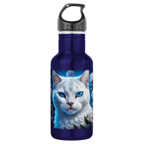 White Cat with Bright Blue Eyes Floral Stainless Steel Water Bottle