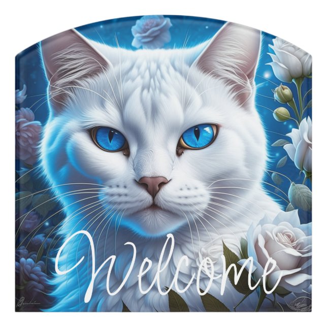 White Cat with Bright Blue Eyes Floral Welcome Door Sign (Contour Front)