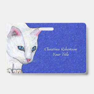 White Cat With Bright Blue Eyes on Sparkle Blue Badge