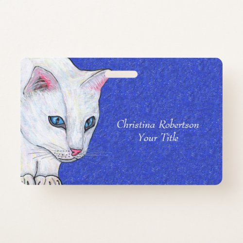 White Cat With Bright Blue Eyes on Sparkle Blue Badge