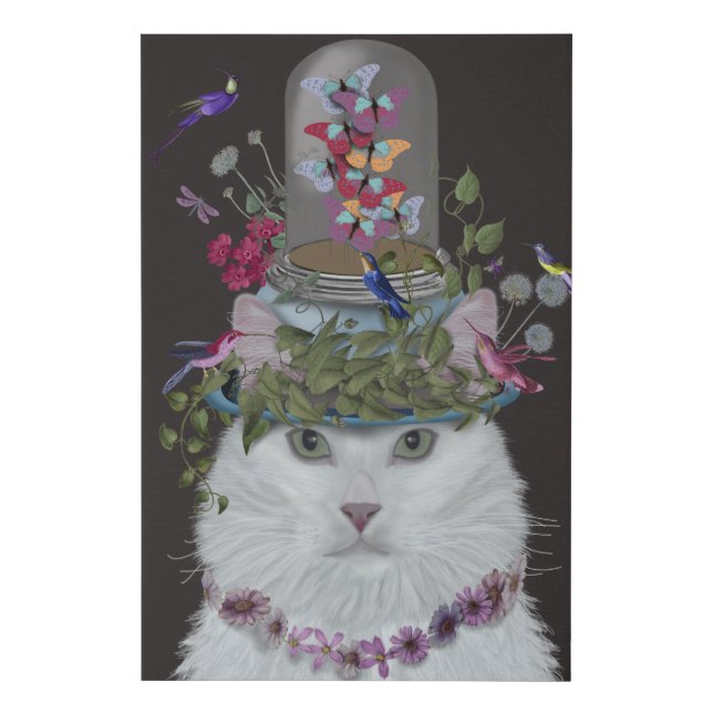 White Cat with Butterfly Bell Jar Faux Canvas Print (Front)