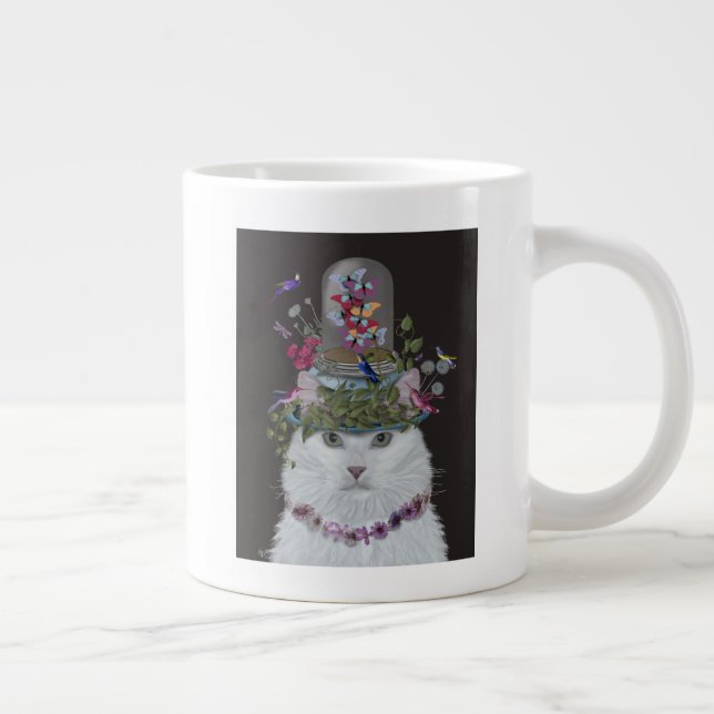 White Cat with Butterfly Bell Jar Giant Coffee Mug (Right)