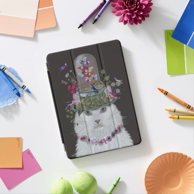 White Cat with Butterfly Bell Jar iPad Pro Cover (Desk)