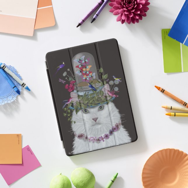 White Cat with Butterfly Bell Jar iPad Pro Cover (Desk)