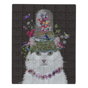 White Cat with Butterfly Bell Jar Jigsaw Puzzle