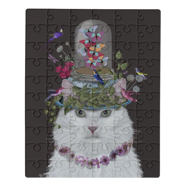 White Cat with Butterfly Bell Jar Jigsaw Puzzle (Puzzle Vertical)
