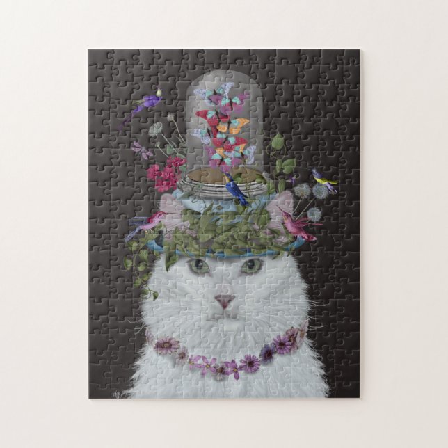 White Cat with Butterfly Bell Jar Jigsaw Puzzle (Vertical)