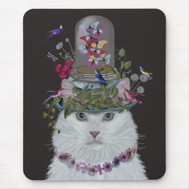 White Cat with Butterfly Bell Jar Mouse Pad (Front)