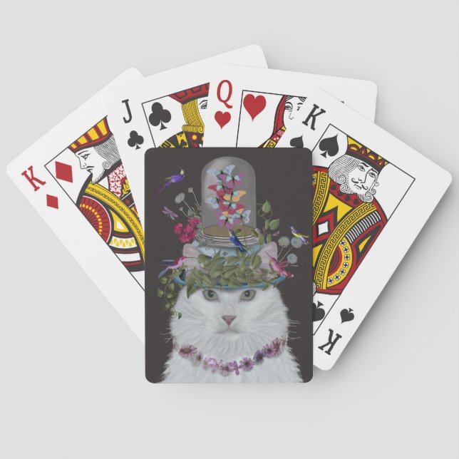 White Cat with Butterfly Bell Jar Poker Cards (Back)