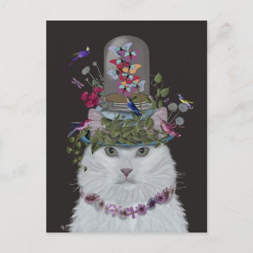 White Cat with Butterfly Bell Jar Postcard