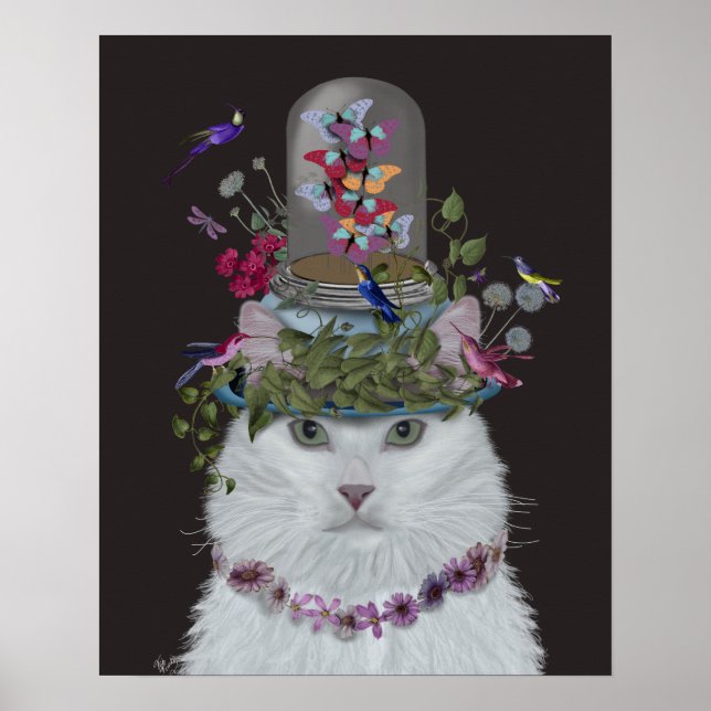 White Cat with Butterfly Bell Jar Poster (Front)