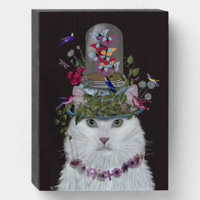 White Cat with Butterfly Bell Jar Wooden Box Sign (Front Vertical)