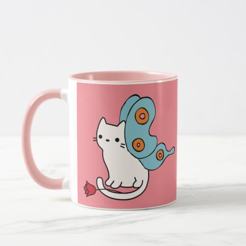 White Cat with Butterfly Wings and Red Flower Mug