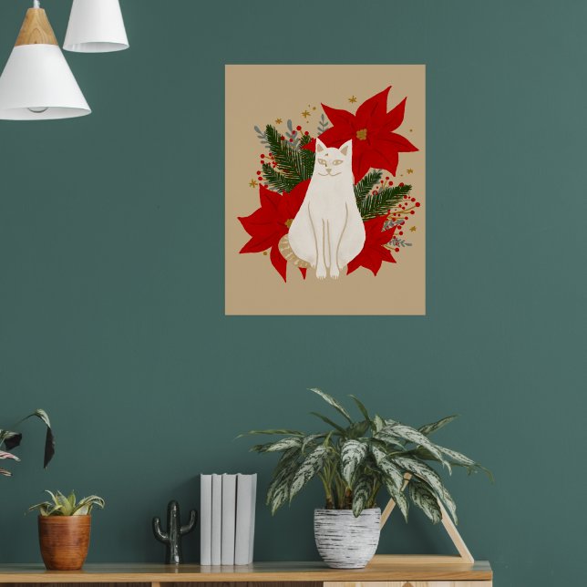 White cat with christmas foliage - classic poster (Living Room 1)