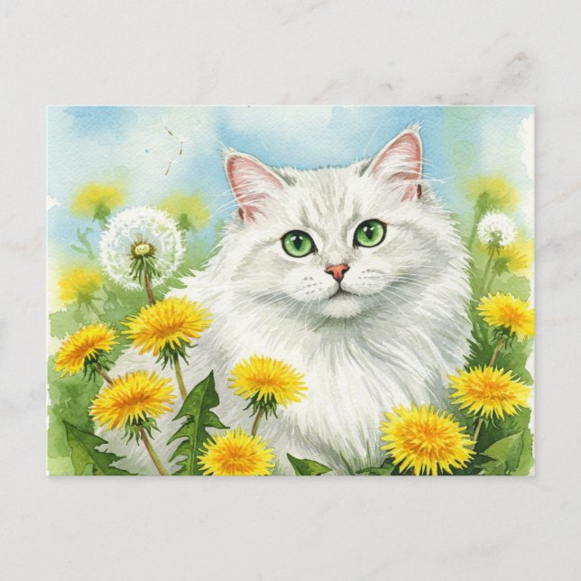 White Cat with Dandelions Postcard (Front)