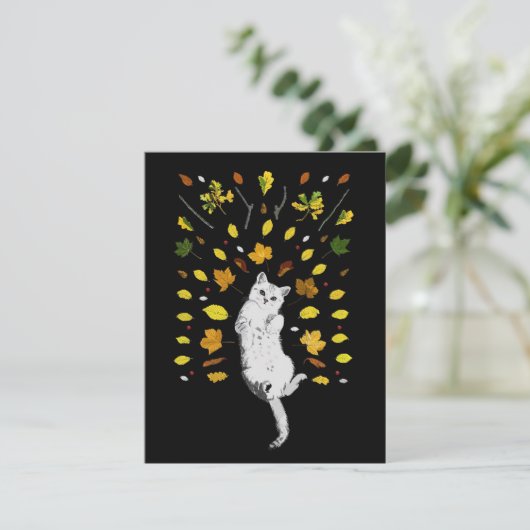 White cat with fall leaves illustration (Standing Front)