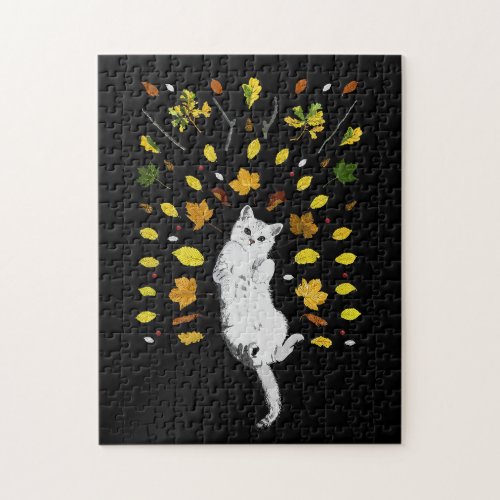 White cat with fall leaves illustration jigsaw puzzle