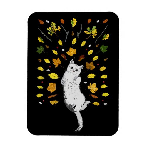White cat with fall leaves illustration magnet