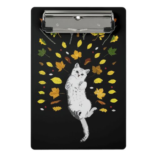 White cat with fall leaves illustration mini clipboard