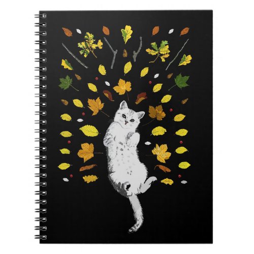 White cat with fall leaves illustration notebook