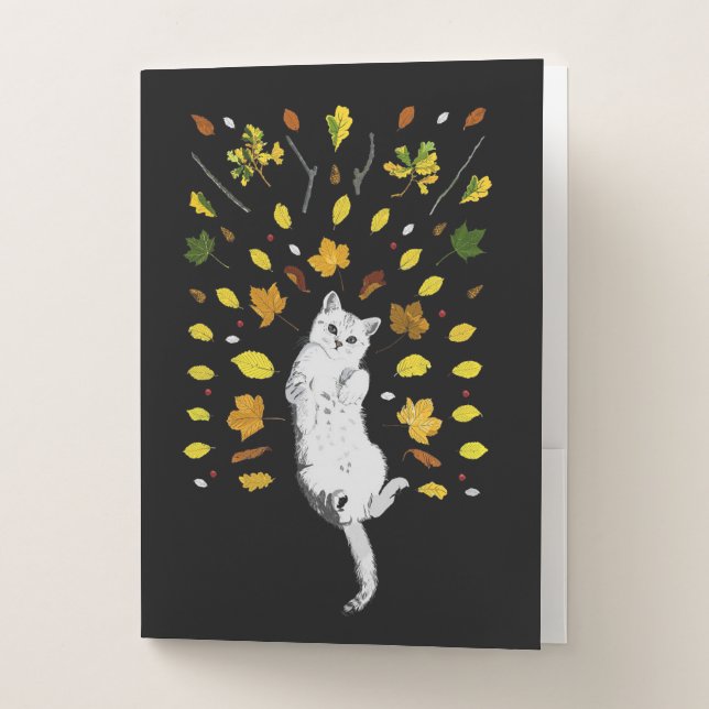 White cat with fall leaves illustration pocket folder (Front)