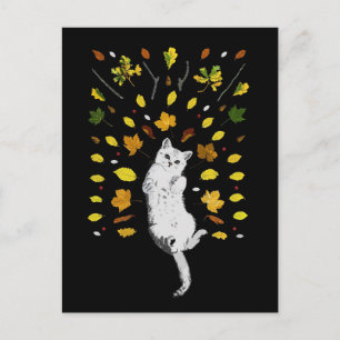White cat with fall leaves illustration postcard