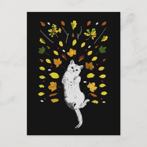 White cat with fall leaves illustration postcard