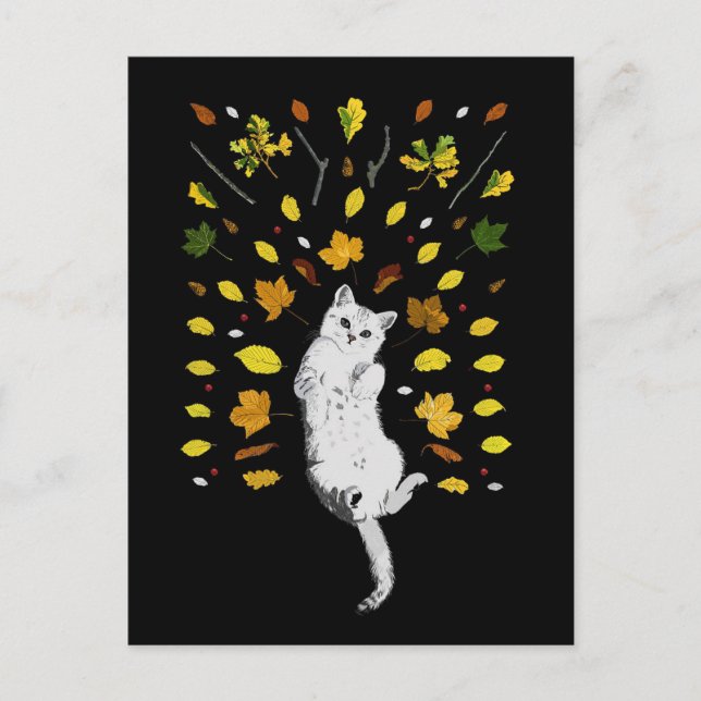 White cat with fall leaves illustration postcard (Front)
