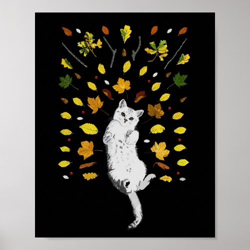 White cat with fall leaves illustration poster