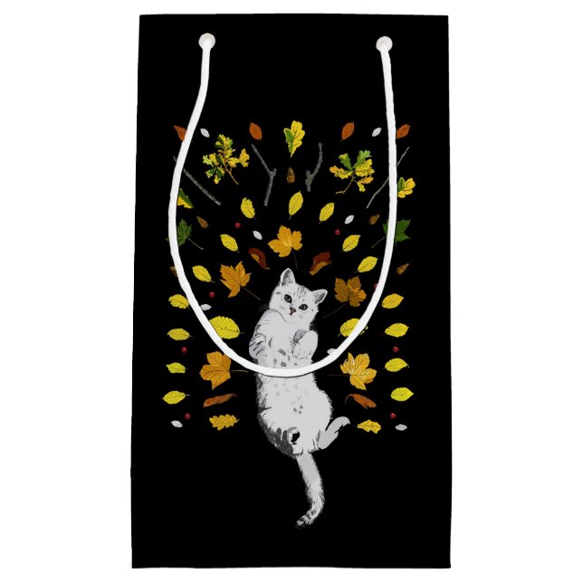 White cat with fall leaves illustration small gift bag (Front)