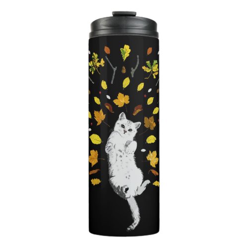 White cat with fall leaves illustration thermal tumbler